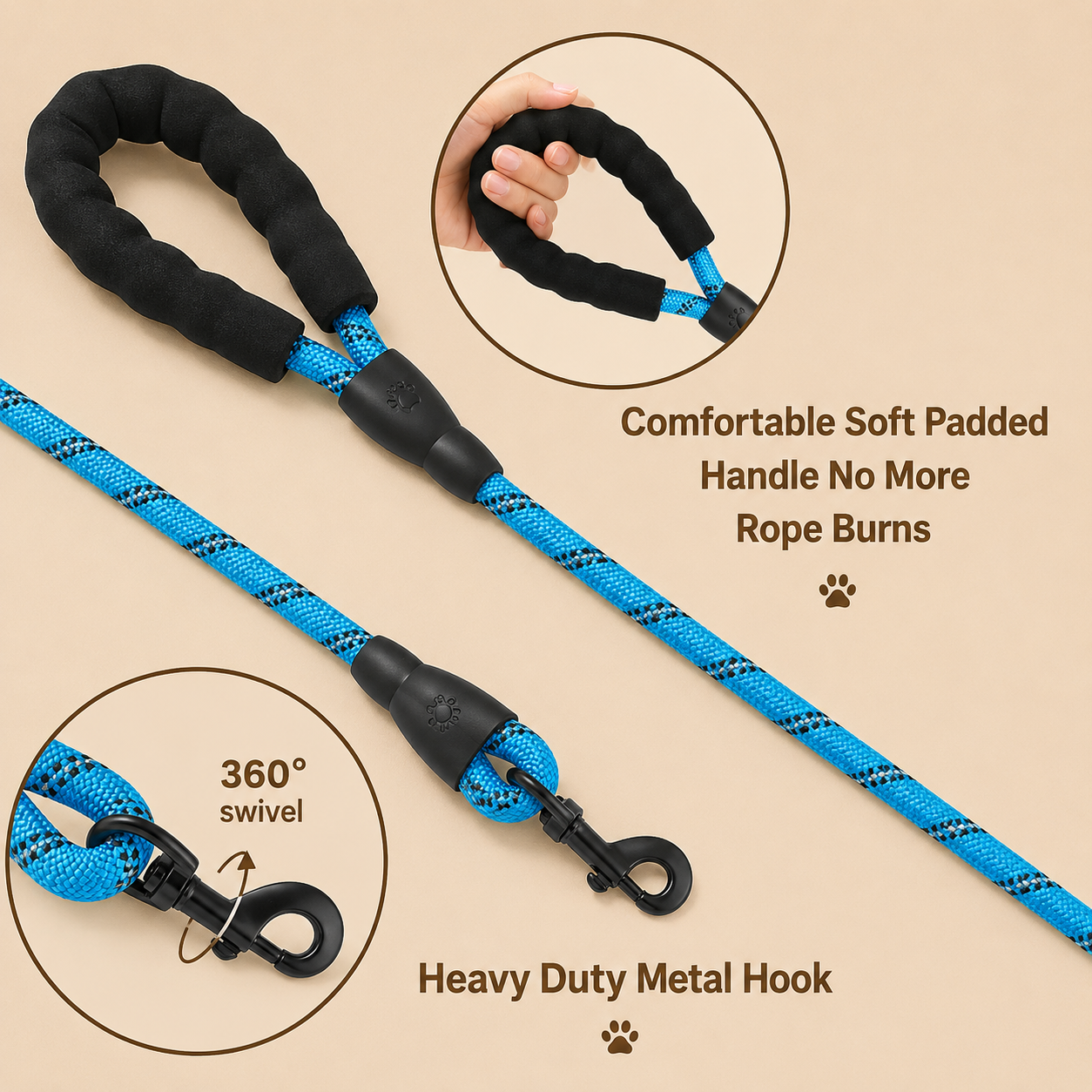 Furmont Reflective Rope Dog Lead | Padded Handle & Heavy Duty Clip
