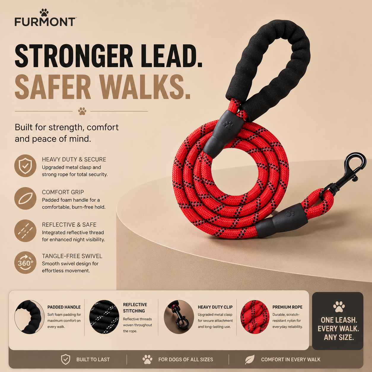 Furmont Reflective Rope Dog Lead | Padded Handle & Heavy Duty Clip
