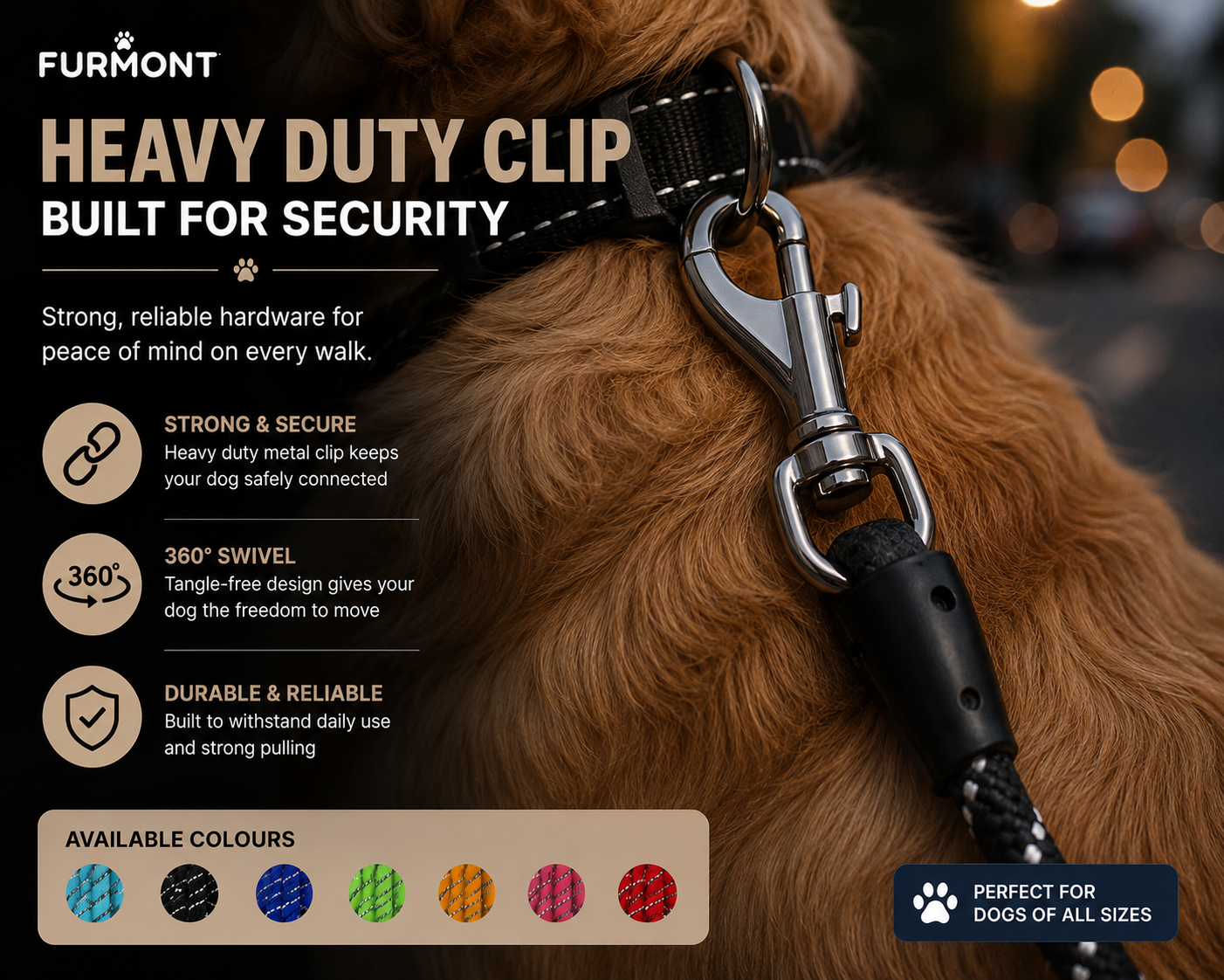 Furmont Reflective Rope Dog Lead | Padded Handle & Heavy Duty Clip
