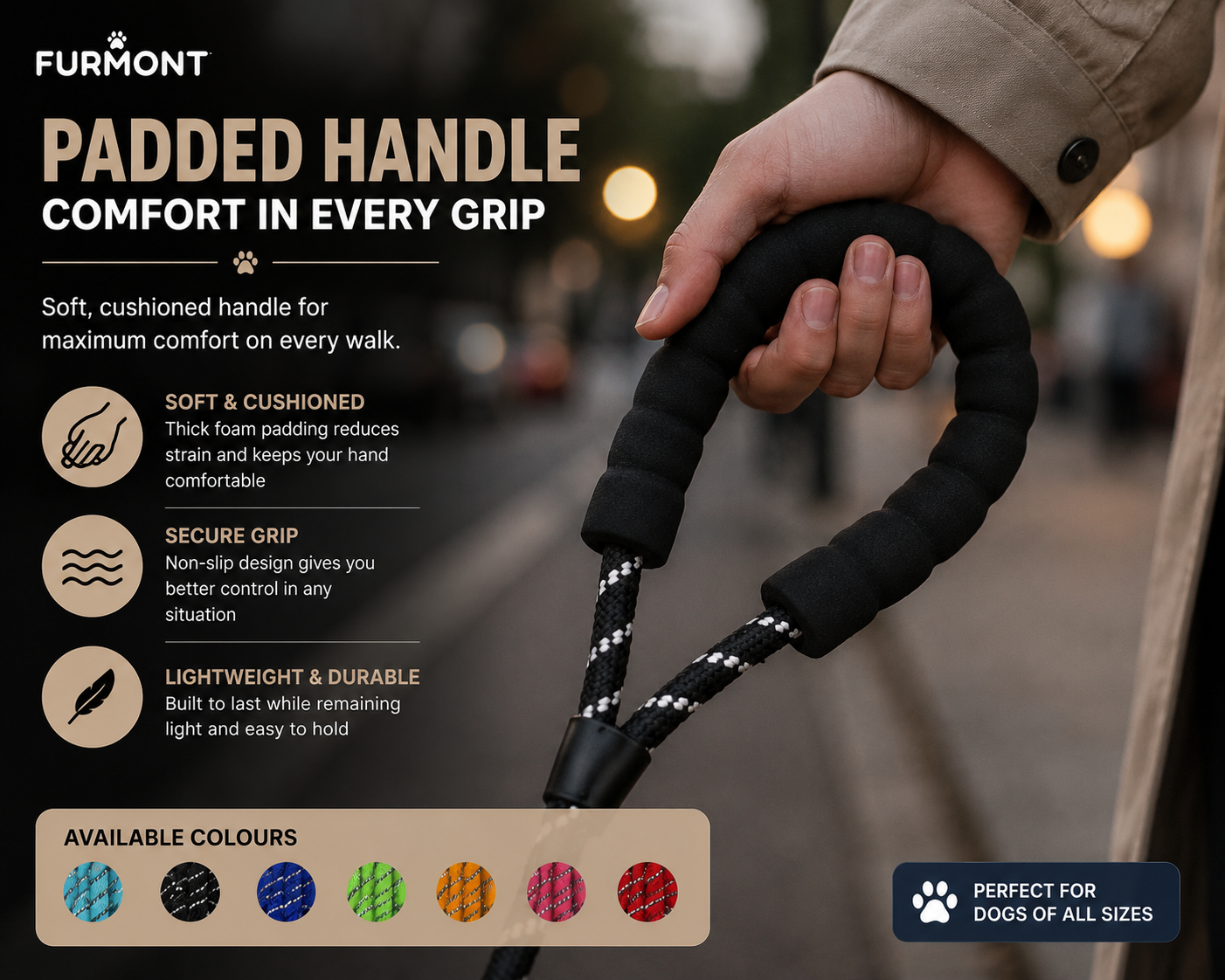 Furmont Reflective Rope Dog Lead | Padded Handle & Heavy Duty Clip