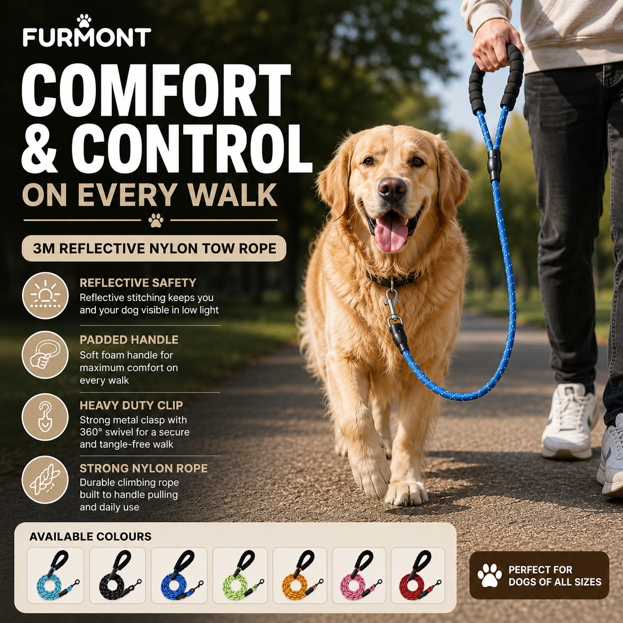 Furmont Reflective Rope Dog Lead | Padded Handle & Heavy Duty Clip