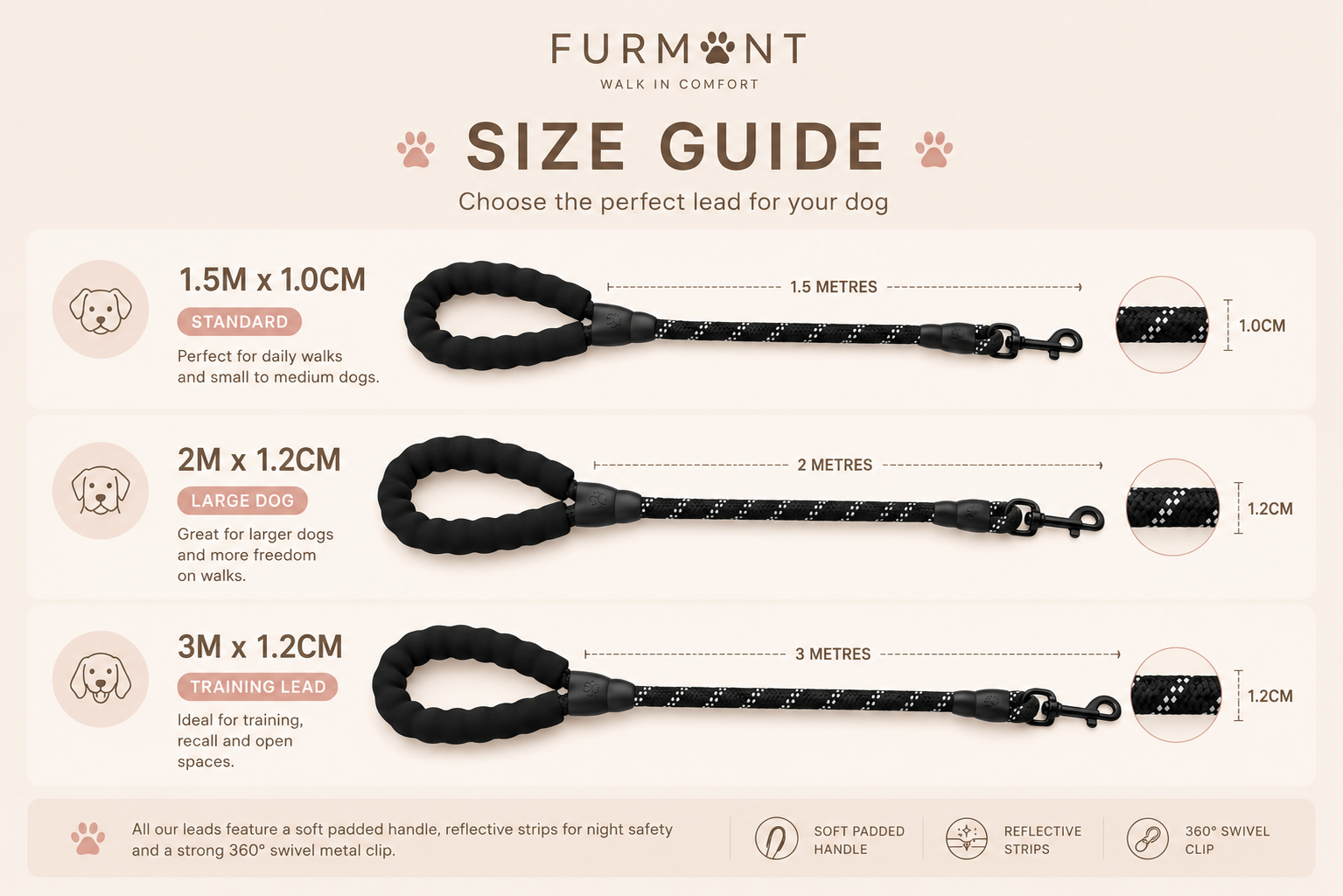 Furmont Reflective Rope Dog Lead | Padded Handle & Heavy Duty Clip