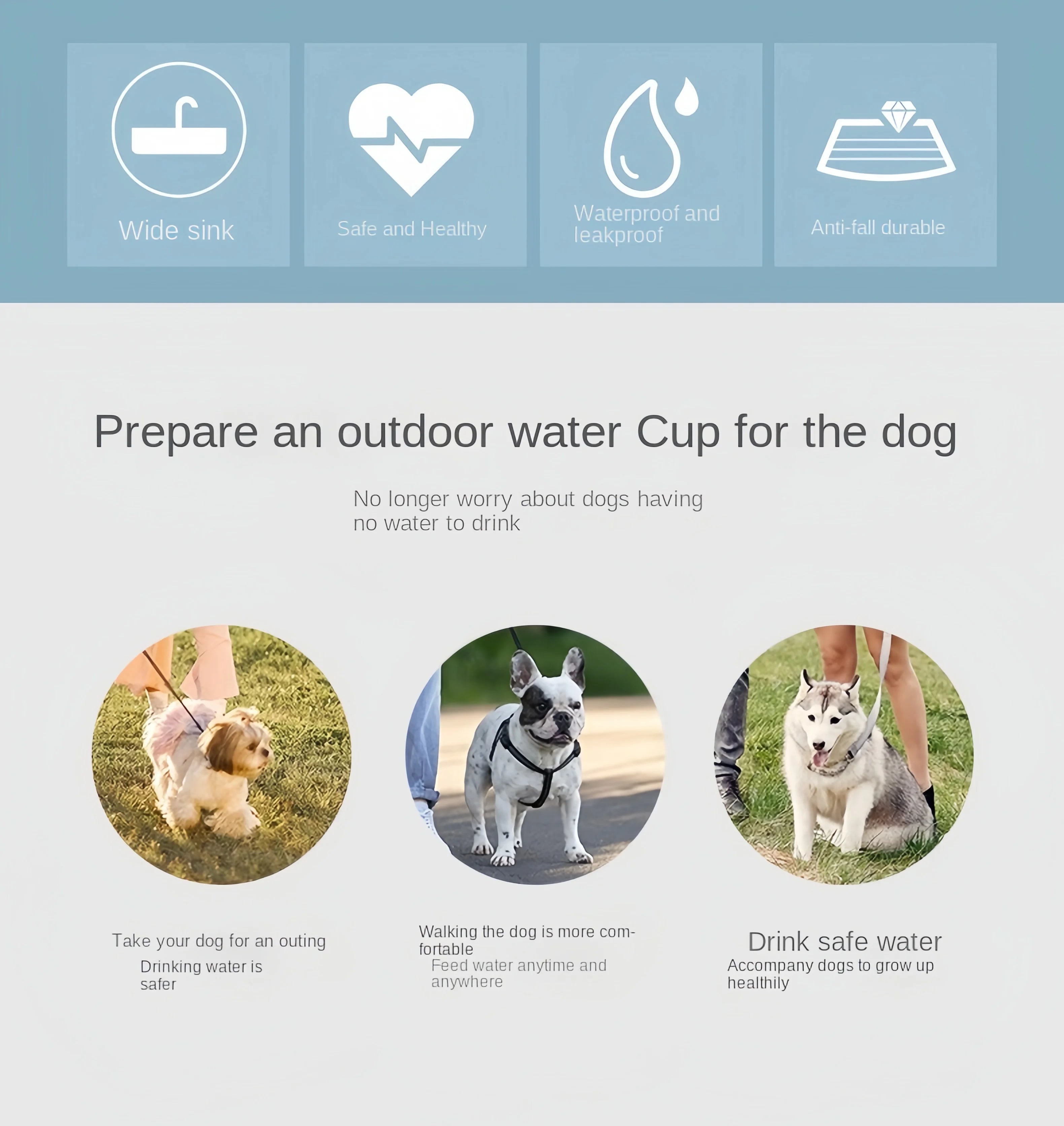 Furmont outdoor dog water cup features, wide sink, leakproof, durable, safe for dog walks