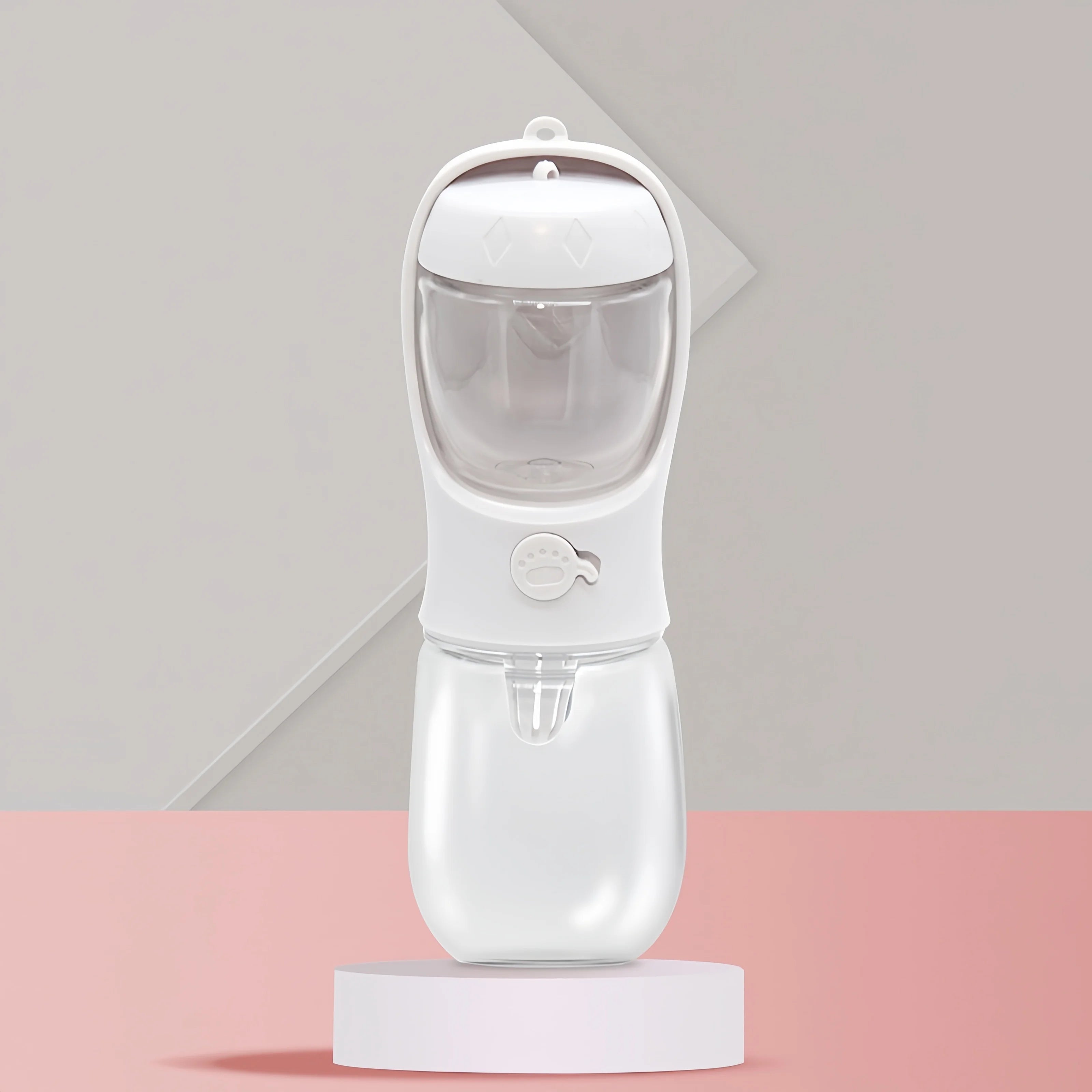 White portable pet water bottle with paw button on pink and gray Furmont display