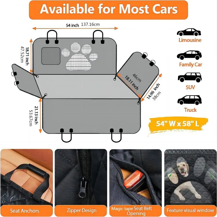 Furmont universal car seat cover for pets with mesh window, seat anchors, zipper, and seat belt opening; fits limousines, family cars, SUVs, trucks; 54 x 58 inch.