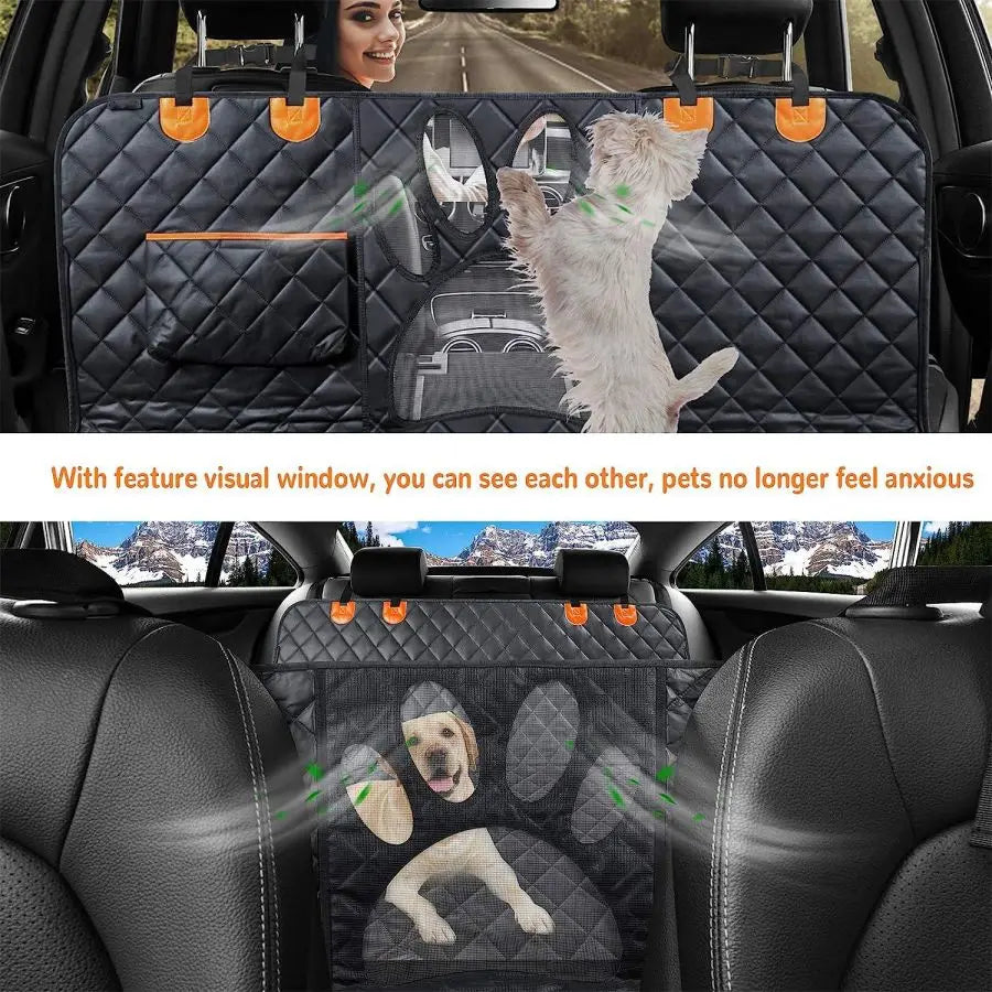 Pet car seat cover with mesh window, quilted black design, installed in vehicle interior