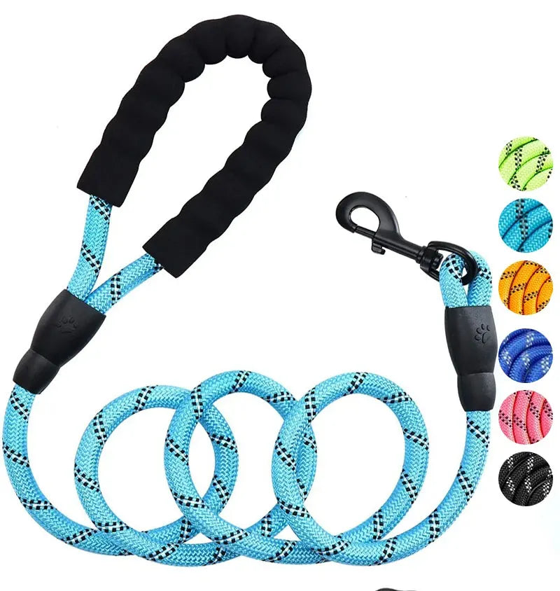 Furmont durable blue rope dog leash with padded handle and black clasp, multiple color options