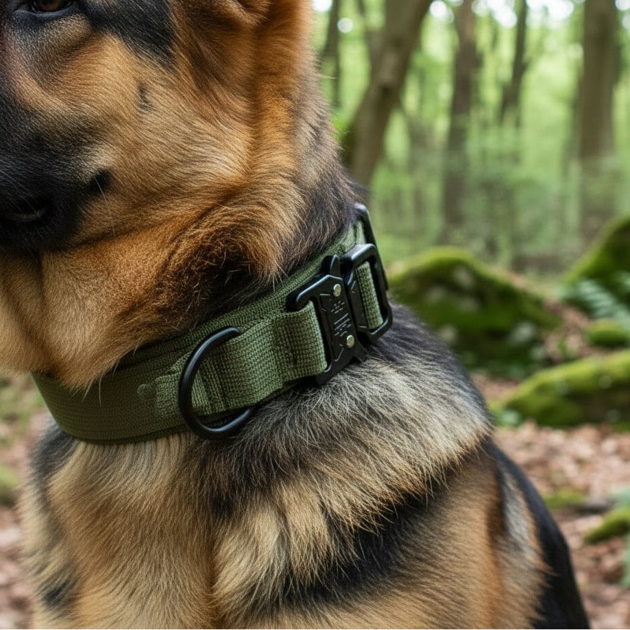 Durable tactical dog collars in multiple colors with metal buckles, shown on German Shepherd