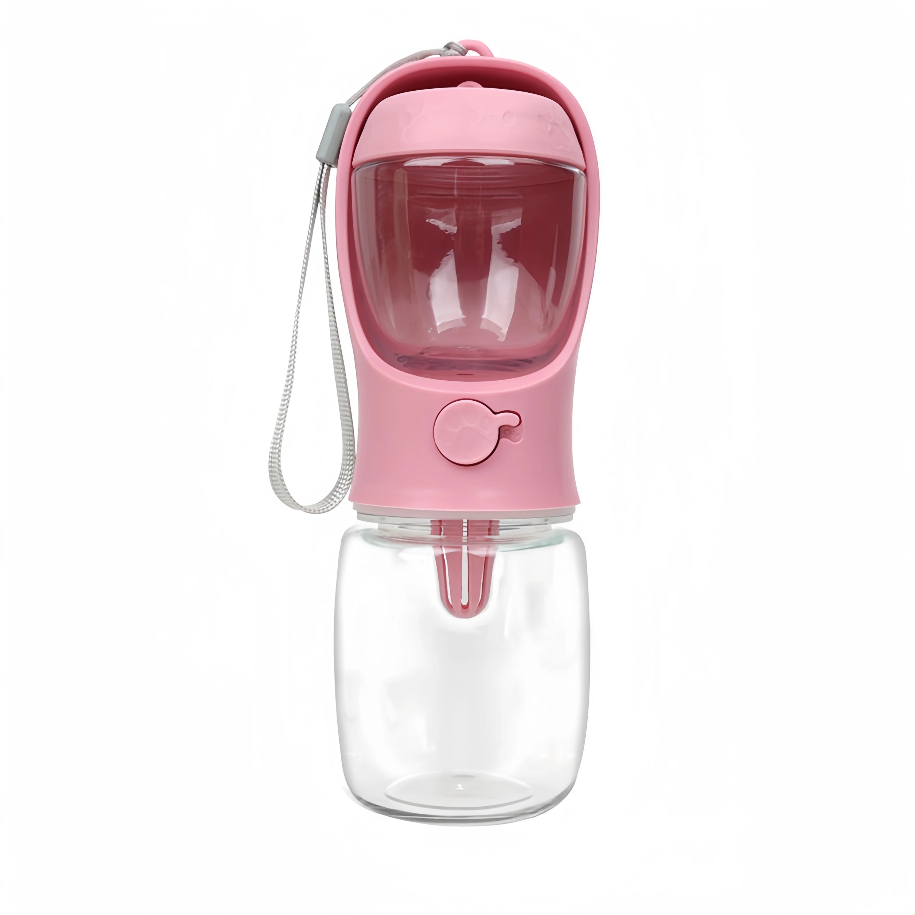 Pink portable pet water bottle with drinking spout and wrist strap, Furmont accessories