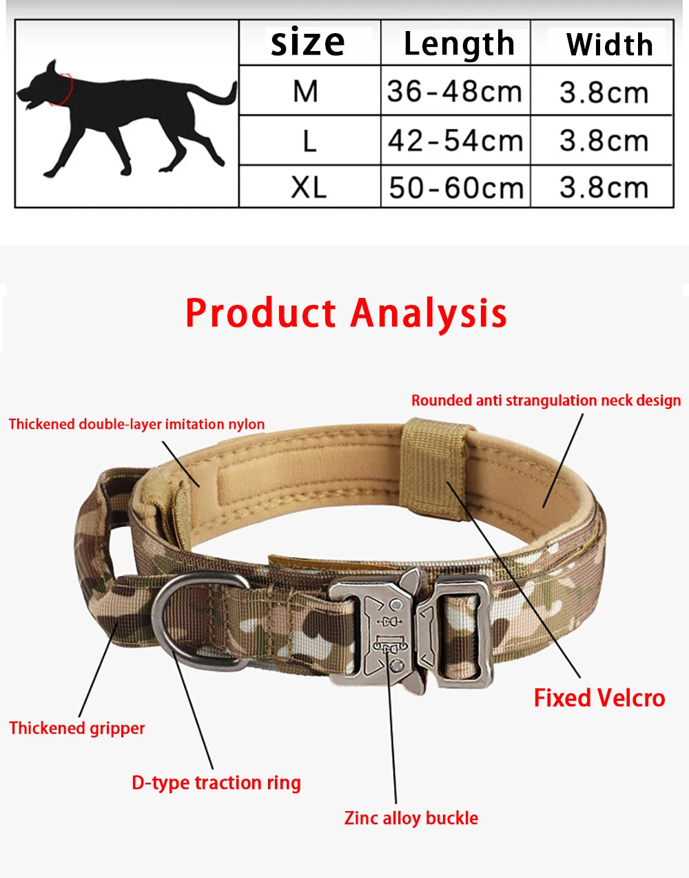 Camouflage dog collar with zinc alloy buckle, D-ring, Velcro, size chart, Furmont product analysis
