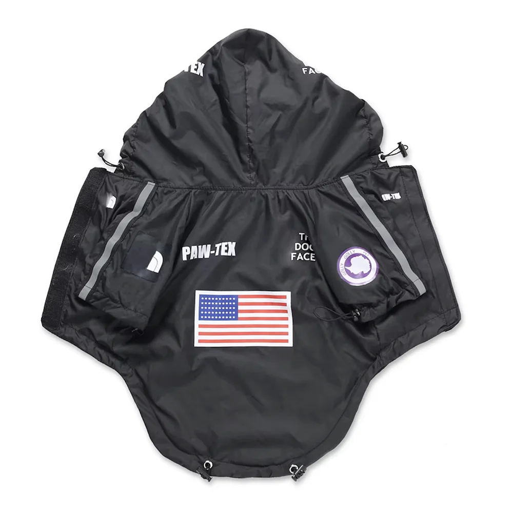 Black dog jacket with hood, American flag patch, reflective accents, and PAW-TEX logo by Furmont