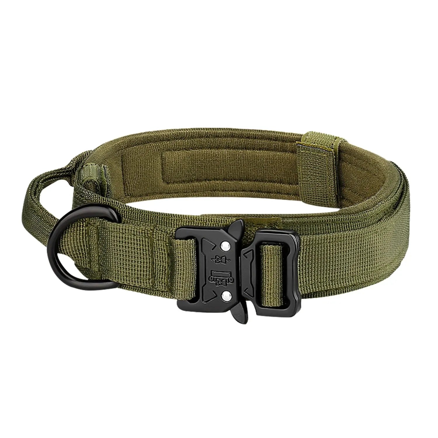Olive green Furmont dog collar with metal buckle and D-ring, padded, on white background
