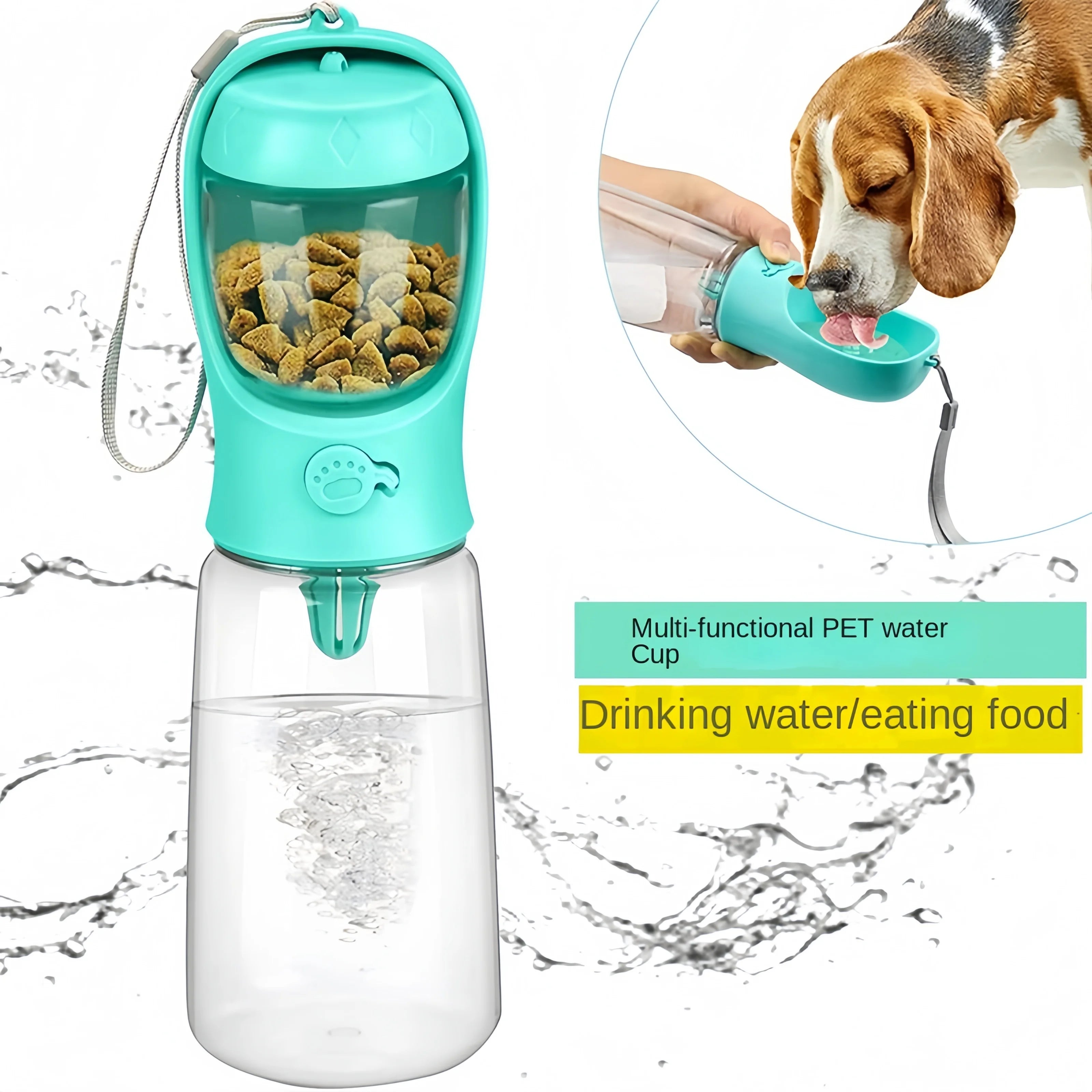 Furmont portable pet water and food bottle, turquoise, with dog drinking demonstration.
