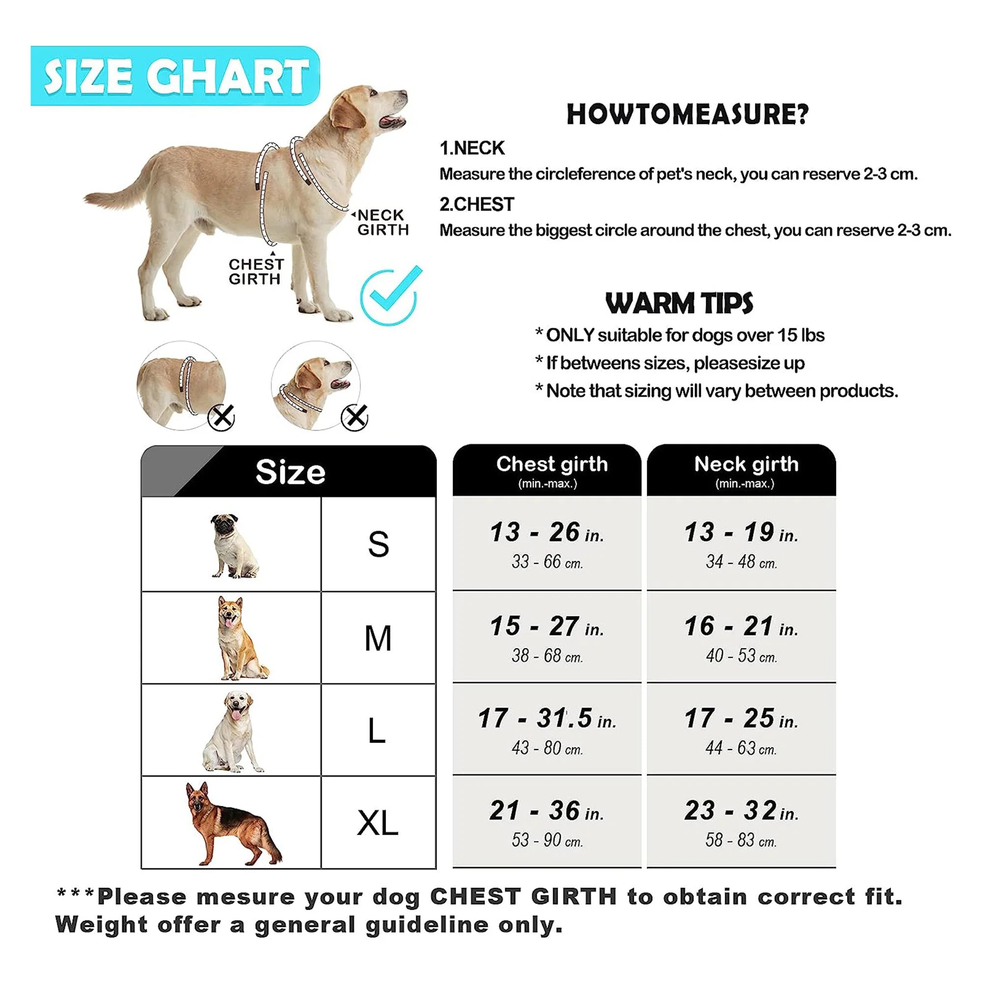 Furmont dog harness size chart with chest and neck girth measurements guide.