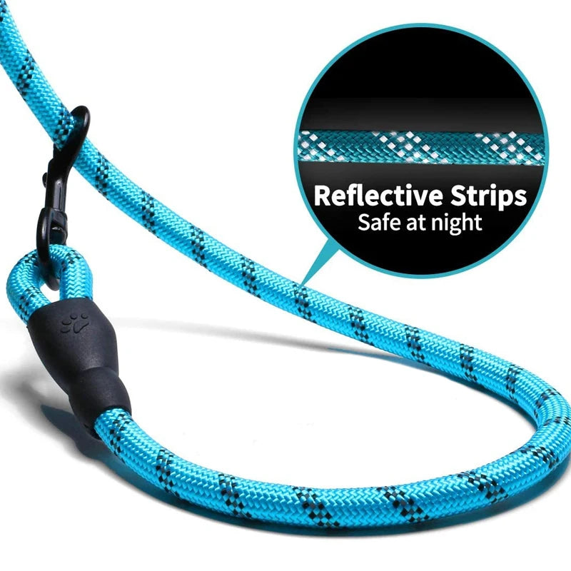 Blue Furmont dog leash with reflective strips and black metal clip, safe for night walks