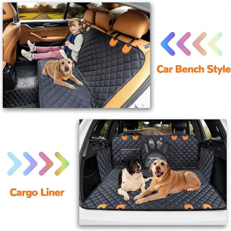 Furmont quilted black pet car bench seat cover and cargo liner with dogs and child