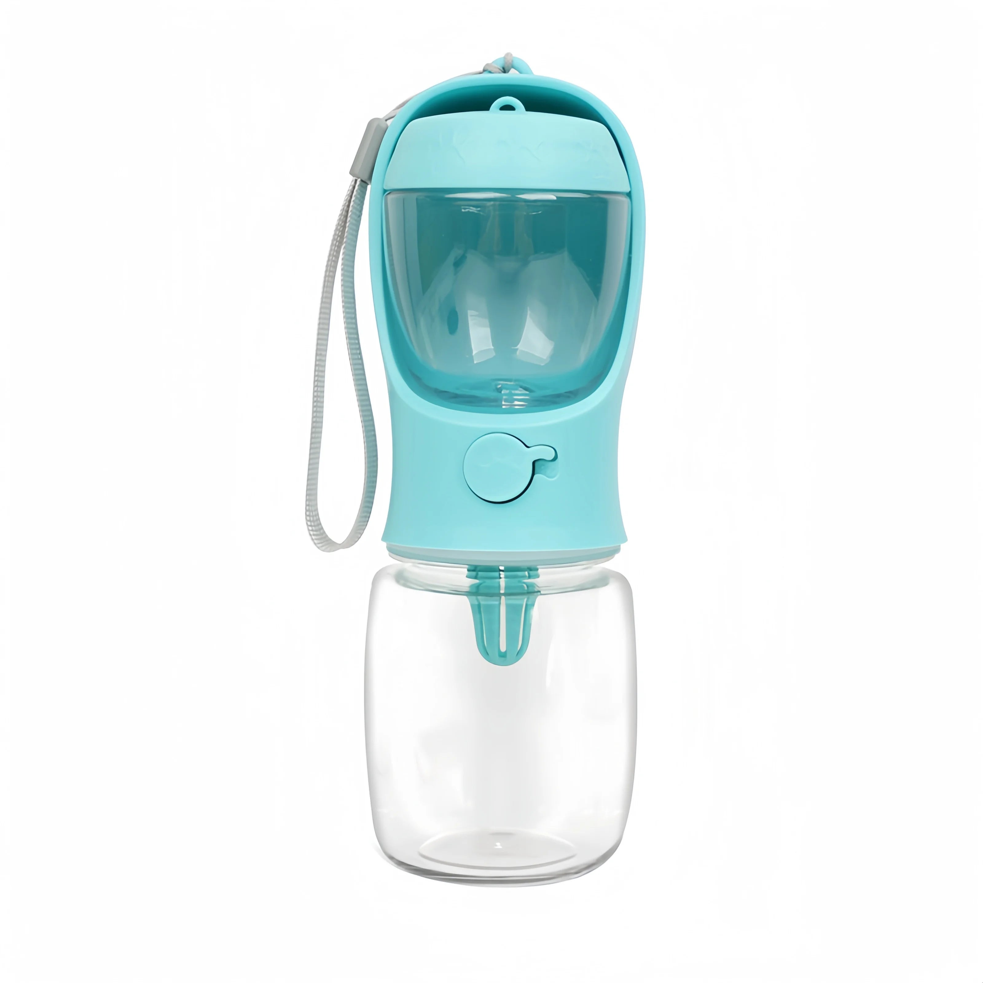 Portable blue pet water bottle with wrist strap on white background, Furmont accessory