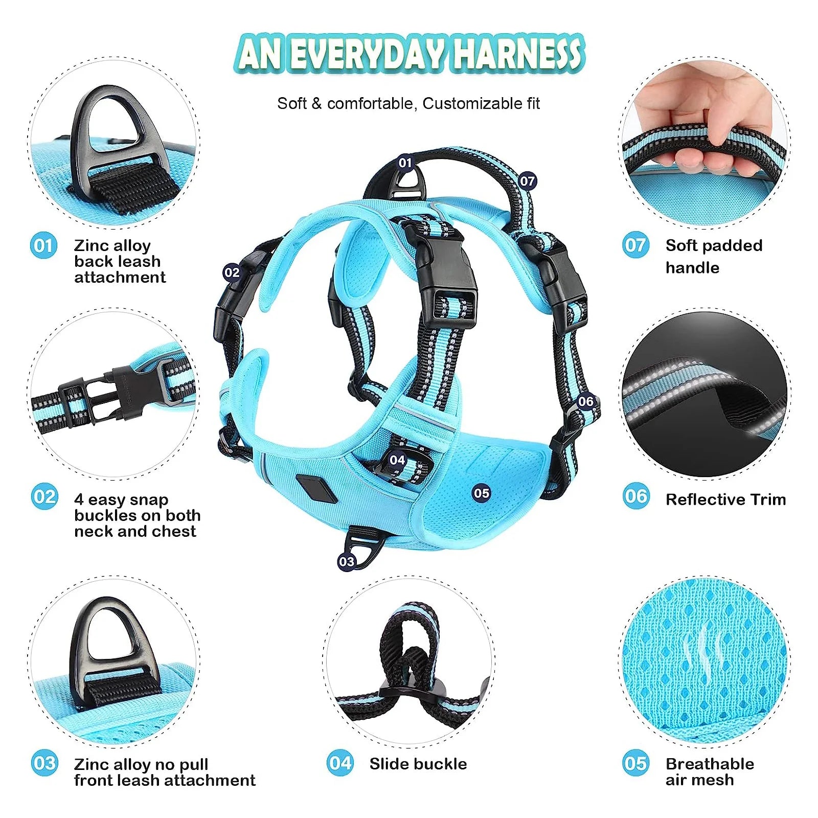 Blue everyday dog harness with reflective trim, soft padded handle, breathable air mesh, and zinc alloy leash attachments, Furmont pet accessory.