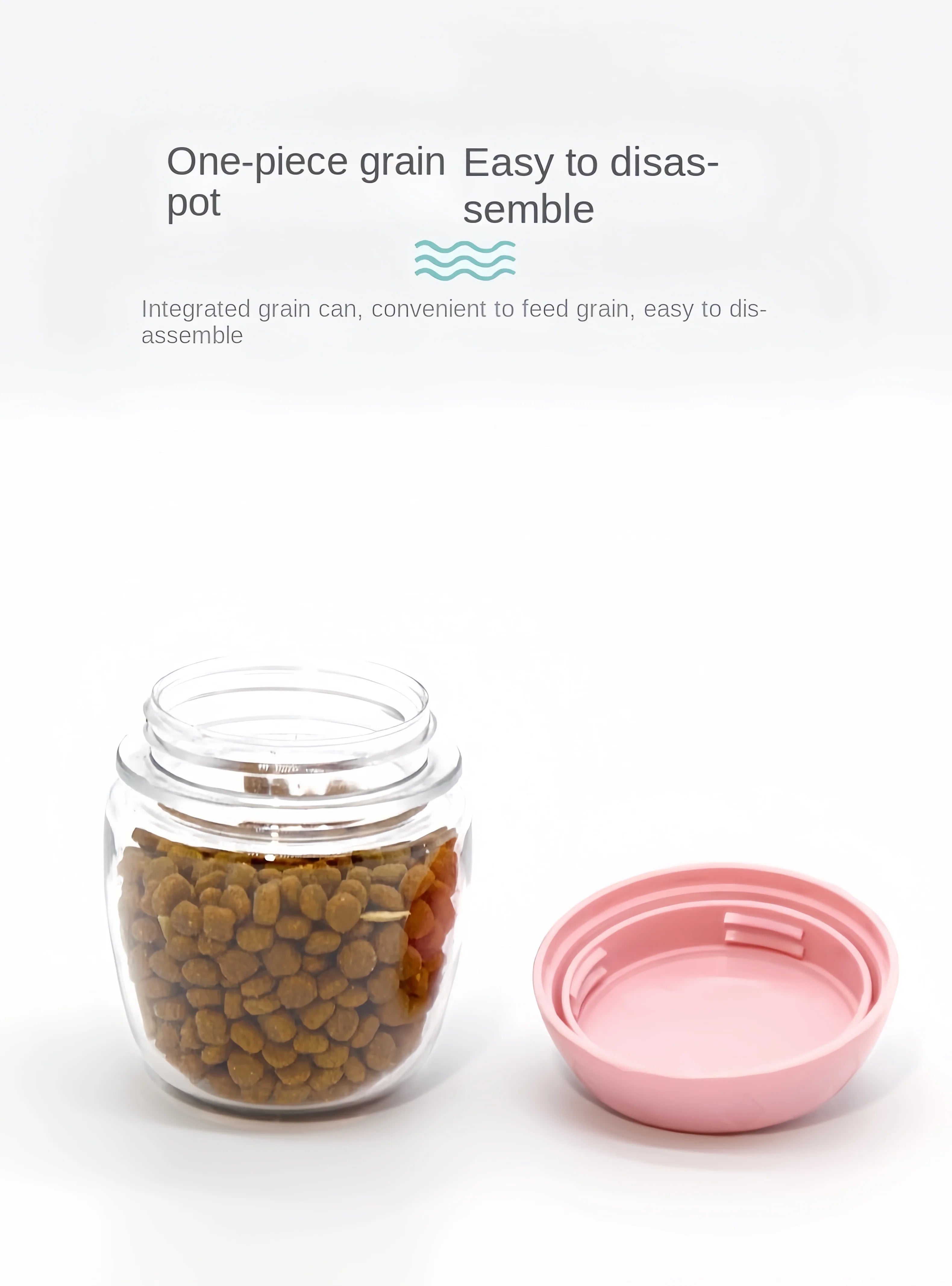 Furmont pet food container with clear jar filled with kibble and pink detachable lid.