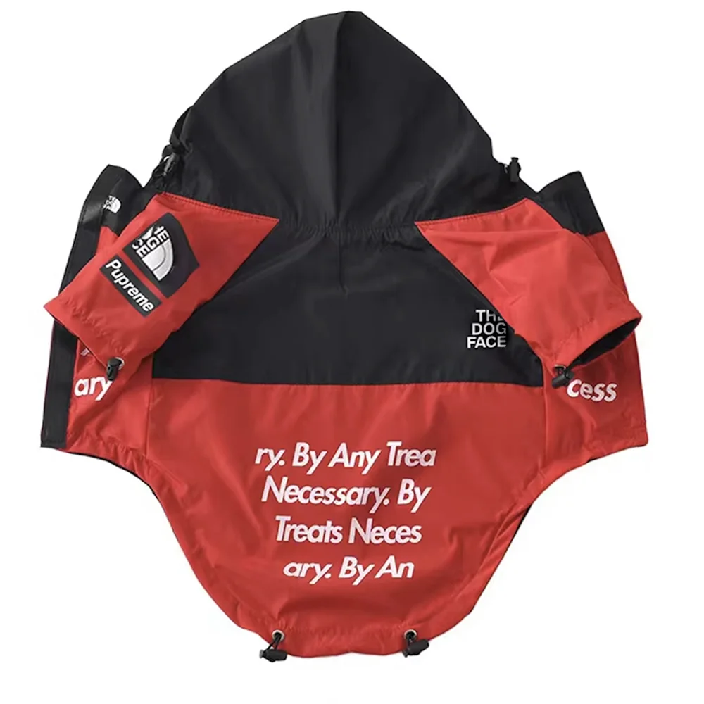 Red and black dog jacket with hood, text print, and Furmont branding