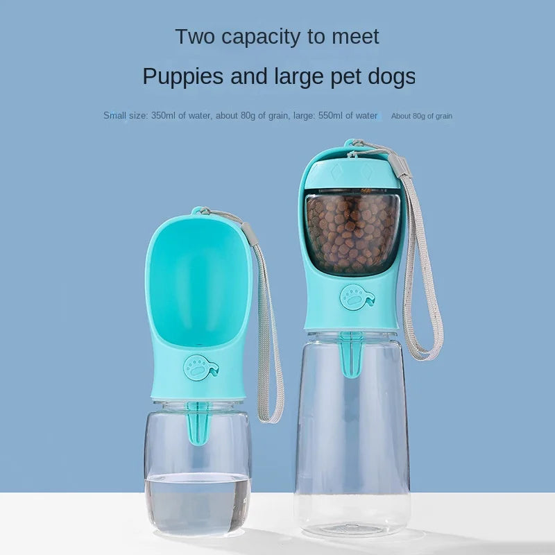 Furmont portable turquoise pet water and food bottles for dogs, two sizes on display