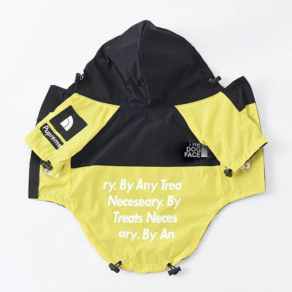 Yellow and black dog raincoat with hood, Furmont branding, and playful text design.