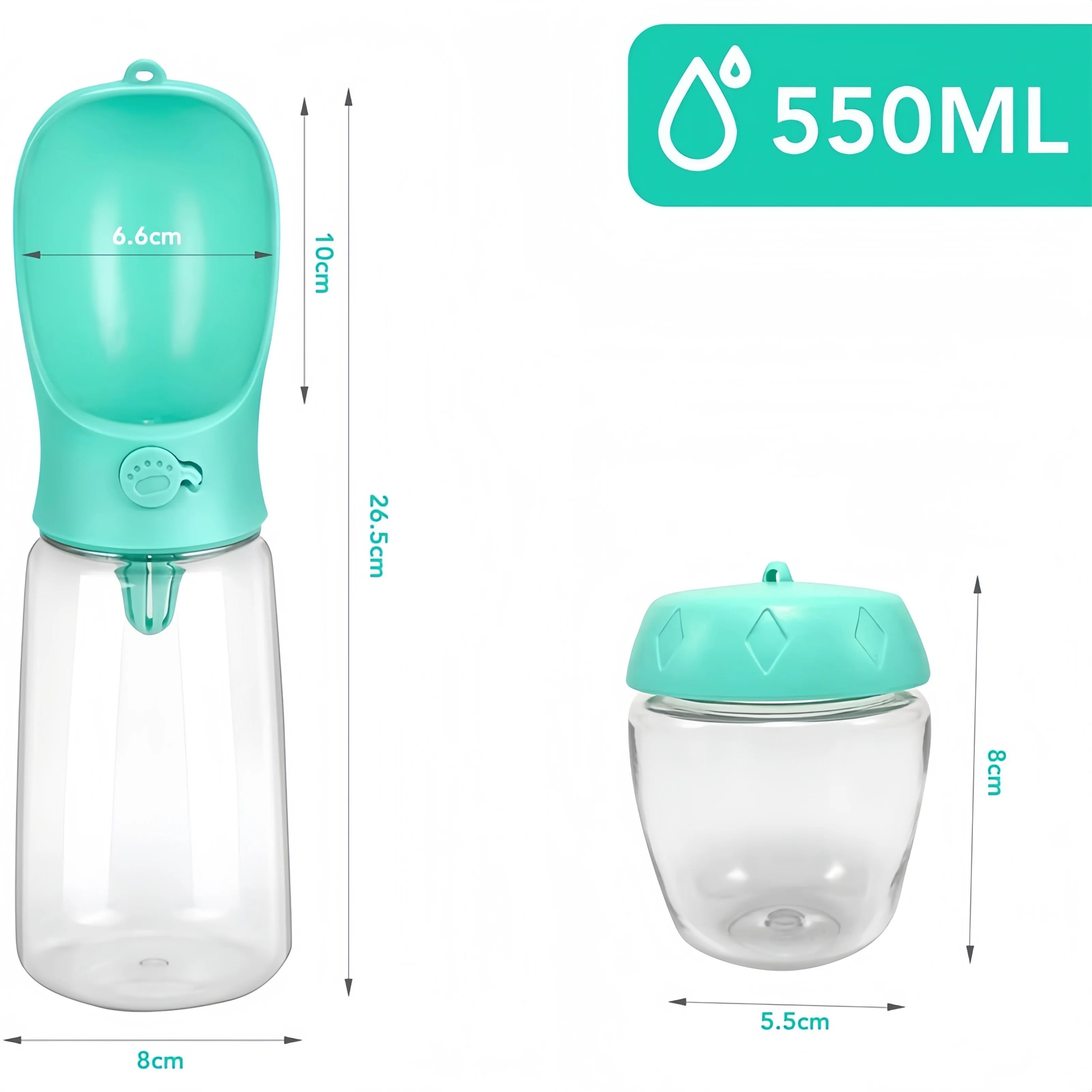 Furmont portable 550ml pet water bottle and food container in turquoise, with size dimensions.