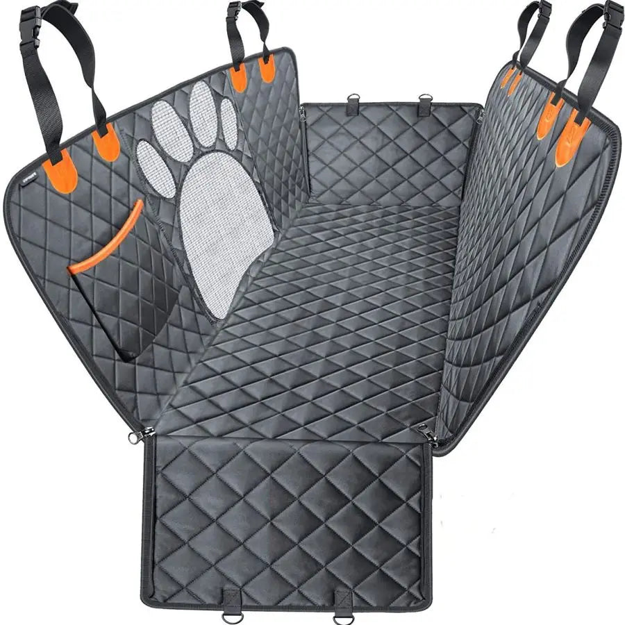 Quilted black pet car seat cover with orange accents, mesh window, and paw print design from Furmont