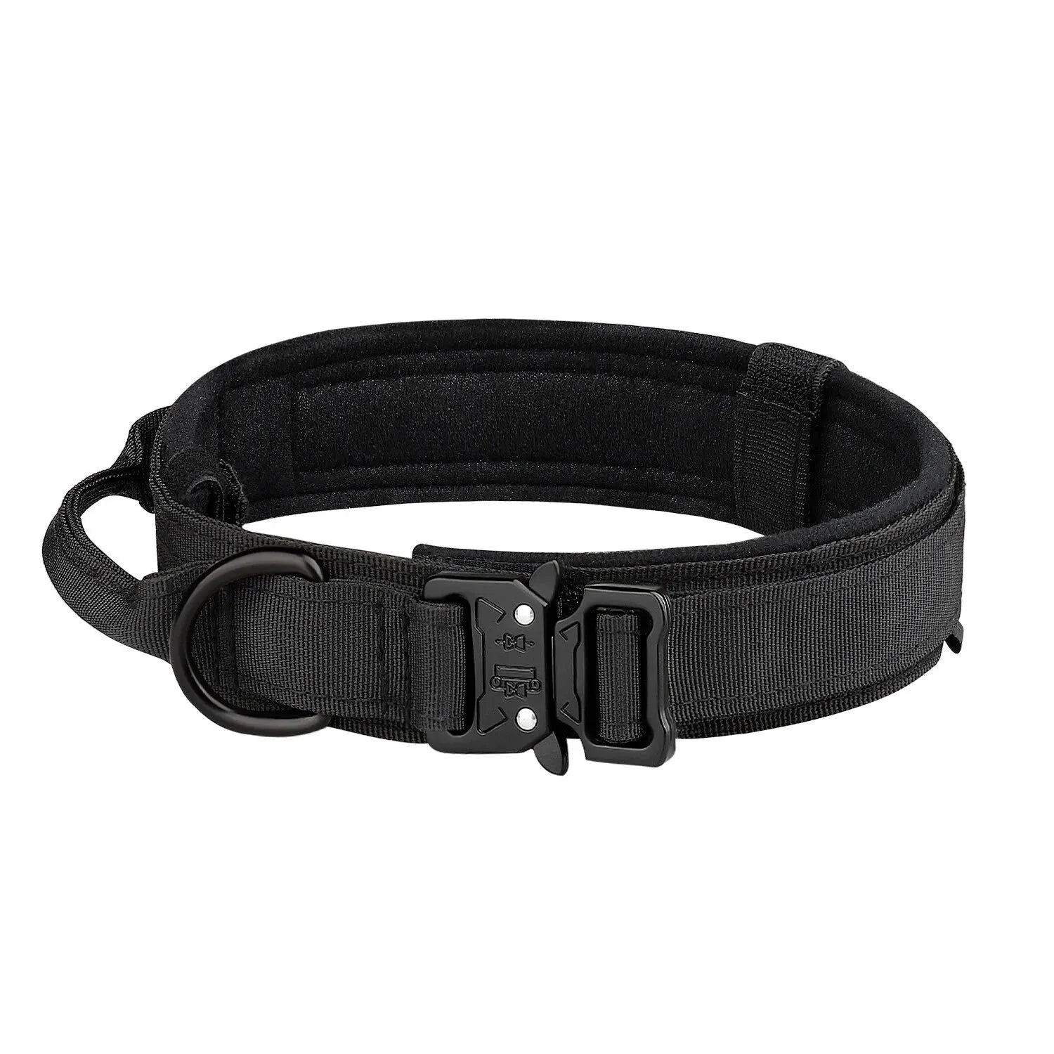 Black tactical dog collar with sturdy metal buckle and D-ring, Furmont pet accessory