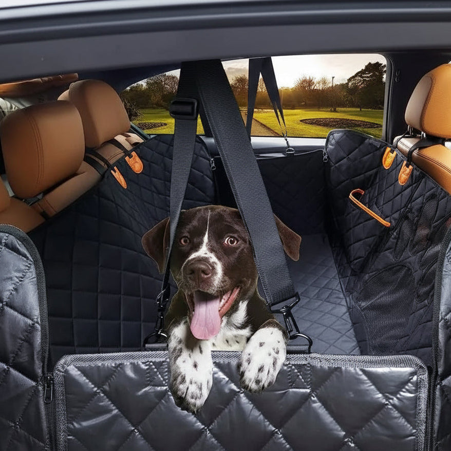 Dog in a Furmont car seat cover with hammock, anti-skid zipper, and safety straps for pets.