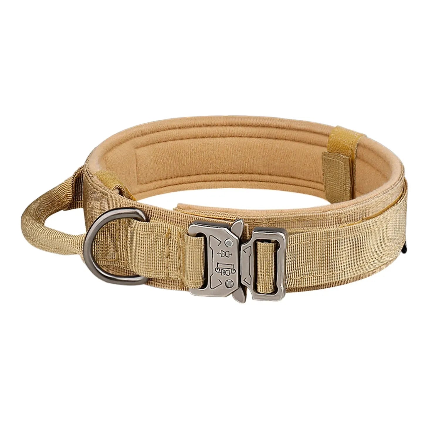 Furmont tan tactical dog collar with metal buckle and D-ring, heavy-duty design